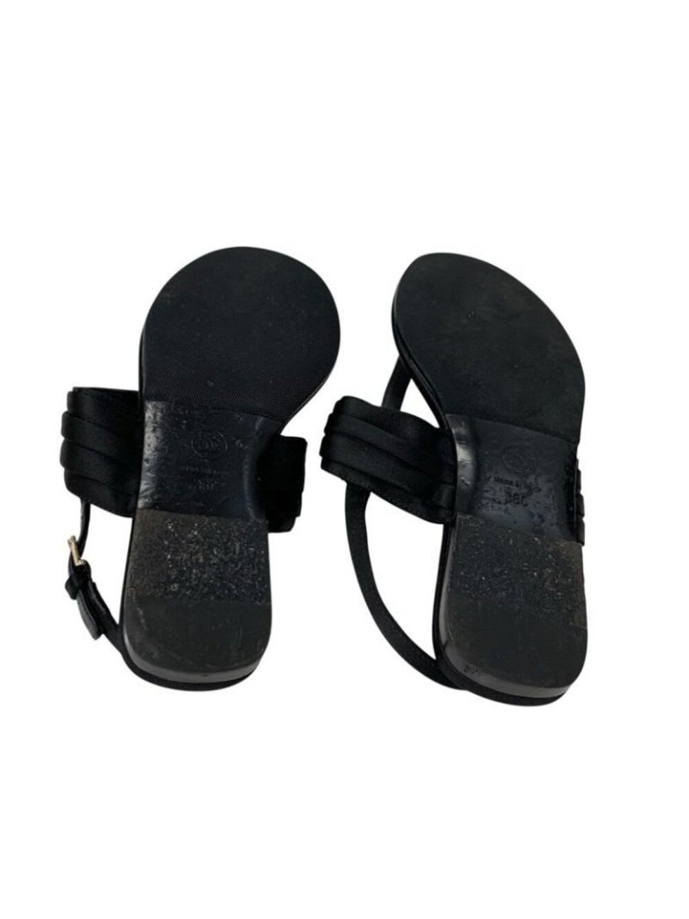 Chanel Sandals Shoes Satin Black Gold Coco Mark Rhinestone Thong Flat - Picture 6 of 10